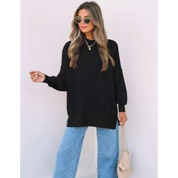 ZESICA Women's Fall Casual Long Sleeve Crew Neck Side Slit Oversized Ribbed Knit Pullover Sweater Tops,Black,Small
