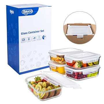 Bayco Large Glass Meal Prep Containers, [5 Pack, 36oz | 4.5cups] Glass Food Storage Containers with Lids, Airtight Glass Bento Boxes, BPA Free & Leak Proof (5 lids & 5 Containers)