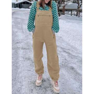 Tongmingyun Women's Cute Fleece Overalls Winter Warm Casual Jumpsuits with Zipper Pockets