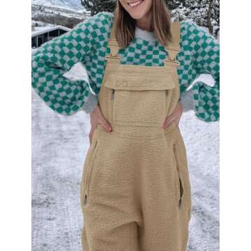 Tongmingyun Women's Cute Fleece Overalls Winter Warm Casual Jumpsuits with Zipper Pockets