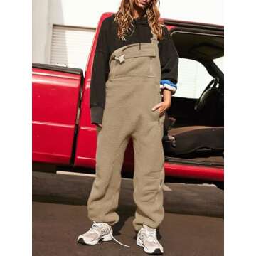 Tongmingyun Women's Cute Fleece Overalls Winter Warm Casual Jumpsuits with Zipper Pockets