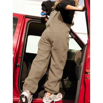 Tongmingyun Women's Cute Fleece Overalls Winter Warm Casual Jumpsuits with Zipper Pockets