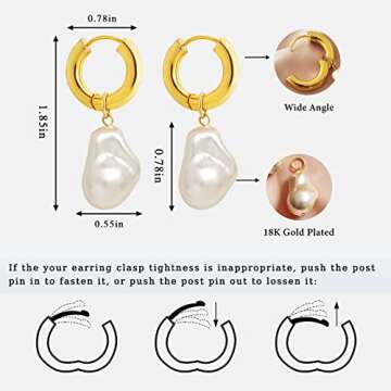 Kittyouth 18K Gold Plated Huggie Hoop Earrings with Baroque Pearl Drop Dangle Earrings for Women