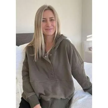 AlvaQ Womens Oversize Half Button Down Long Sleeve Sweatshirt Casual Ribbed Hoodie Pullover Tunic Tops with Pocket Gray Small