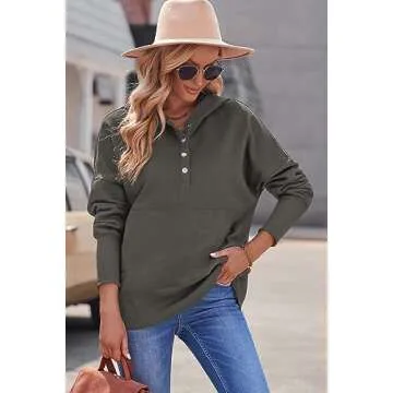 AlvaQ Womens Oversize Half Button Down Long Sleeve Sweatshirt Casual Ribbed Hoodie Pullover Tunic Tops with Pocket Gray Small