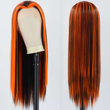 ZHYWIGS Orange Black Halloween Lace Front Wig Long Straight Black Skunk Stripe Orange Synthetic Wig