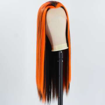 ZHYWIGS Orange Black Halloween Lace Front Wig Long Straight Black Skunk Stripe Orange Synthetic Wig