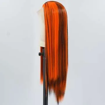 ZHYWIGS Orange Black Halloween Lace Front Wig Long Straight Black Skunk Stripe Orange Synthetic Wig