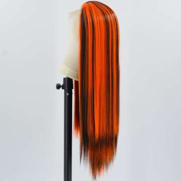 ZHYWIGS Orange Black Halloween Lace Front Wig Long Straight Black Skunk Stripe Orange Synthetic Wig