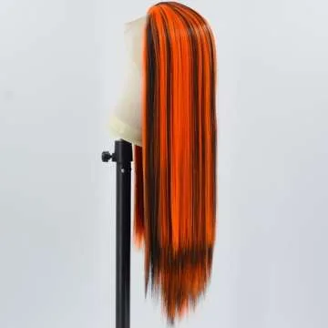 ZHYWIGS Orange Black Halloween Lace Front Wig Long Straight Black Skunk Stripe Orange Synthetic Wig