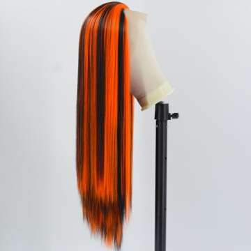 ZHYWIGS Orange Black Halloween Lace Front Wig Long Straight Black Skunk Stripe Orange Synthetic Wig