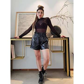 RAMISU WOMEN'S Casual Faux Leather Shorts High Waisted Elastic Drawstring Band Shorts Flared Leg Faux Leather Shorts