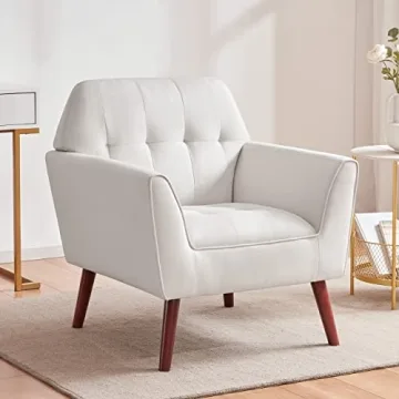 Kingfun Linen Fabric Accent Chairs Set of 2 for Bedroom, Midcentury Modern Accent Arm Chairs for Living Room, Comfortable Reading Chair, Tufted Upholstered Single Sofa, Cream Beige