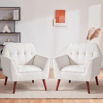 Kingfun Linen Fabric Accent Chairs Set of 2 for Bedroom, Midcentury Modern Accent Arm Chairs for Living Room, Comfortable Reading Chair, Tufted Upholstered Single Sofa, Cream Beige