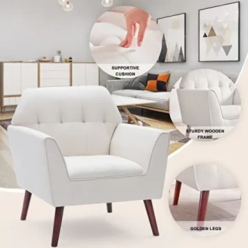 Kingfun Linen Fabric Accent Chairs Set of 2 for Bedroom, Midcentury Modern Accent Arm Chairs for Living Room, Comfortable Reading Chair, Tufted Upholstered Single Sofa, Cream Beige