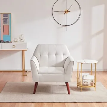 Kingfun Linen Fabric Accent Chairs Set of 2 for Bedroom, Midcentury Modern Accent Arm Chairs for Living Room, Comfortable Reading Chair, Tufted Upholstered Single Sofa, Cream Beige