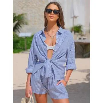 EXLURA Women's Summer 2 Piece Sets Long Sleeve Button Down Shirts Matching Short Sets Beach Vacation Cruise Outfits 2025