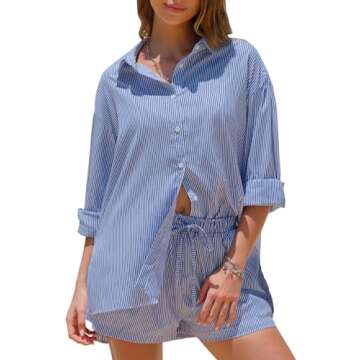 EXLURA Women's Summer 2 Piece Sets Long Sleeve Button Down Shirts Matching Short Sets Beach Vacation Cruise Outfits 2025