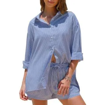 EXLURA Women's Summer 2 Piece Sets Long Sleeve Button Down Shirts Matching Short Sets Beach Vacation Cruise Outfits 2025