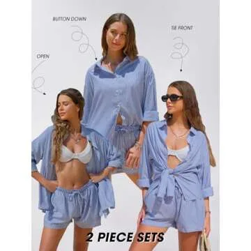 EXLURA Women's Summer 2 Piece Sets Long Sleeve Button Down Shirts Matching Short Sets Beach Vacation Cruise Outfits 2025
