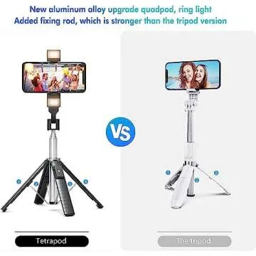 41” Selfie Stick Tripod Quadrapod with 2 Rechargeable Fill Light, Extendable Tripod with Bluetooth Remote, Stainless Steel, 3 Light Modes, 9 Brightness Levels, Compatible for All iPhone & Android