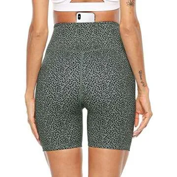 PERSIT Women's High Waist Print Workout Yoga Shorts with 2 Hidden Pockets, Non See-Through Tummy Control Athletic Shorts Bean Green Leopard