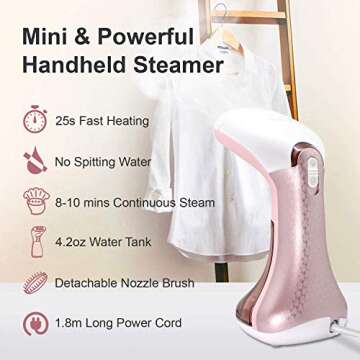 Mini Handheld Steamer for Clothes Garment, Portable Travel Garment Steamer, Powerful Iron Wrinkles Remover for Travel/Home, Compact Iron Steamer for Clothing, Any Fabrics, IDEER (Pink1)