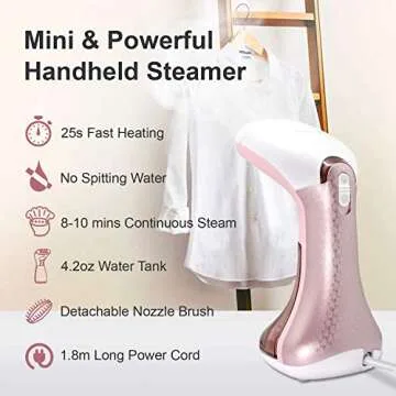 Mini Handheld Steamer for Clothes Garment, Portable Travel Garment Steamer, Powerful Iron Wrinkles Remover for Travel/Home, Compact Iron Steamer for Clothing, Any Fabrics, IDEER (Pink1)
