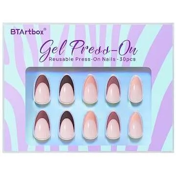 Almond Press On Nails - BTArtbox French Tip Press On Nails, Supremely Fit & Natural Glue On Nails with Nail Glue, Reusable Stick On Nails in 16 Sizes - 30 Fall Soft Gel Fake Nails Kit, Morning Coffee