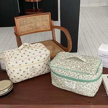 Juoxeepy Cotton Makeup Bag Large Travel Cosmetic Bag Quilted Cosmetic Pouch Coquette Aesthetic Floral Toiletry Bag