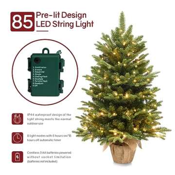 Somikis 3ft Pre-Lit Premium Artificial Mini Christmas Tree with 85 LED Lights and Realistic Nordic Spruce, Solid Cement Burlap Base Basin, for Xmas Home, Office, Tabletop, Party Decoration