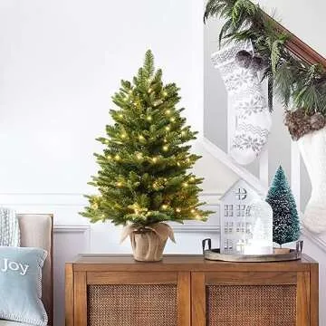 Somikis 3ft Pre-Lit Premium Artificial Mini Christmas Tree with 85 LED Lights and Realistic Nordic Spruce, Solid Cement Burlap Base Basin, for Xmas Home, Office, Tabletop, Party Decoration