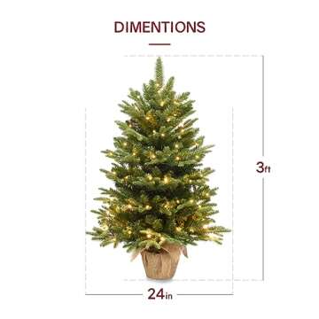 Somikis 3ft Pre-Lit Premium Artificial Mini Christmas Tree with 85 LED Lights and Realistic Nordic Spruce, Solid Cement Burlap Base Basin, for Xmas Home, Office, Tabletop, Party Decoration