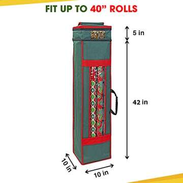 ProPik Christmas Wrapping Paper Storage Organizer Bag with Pocket and Handles Including Hanging Loop Heavy Duty Material with Clear Window 47 x 10 x 10 Inch Fits 40" Long Rolls (Green, 1 Count)