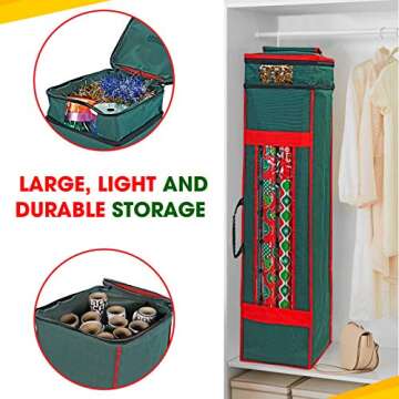 ProPik Christmas Wrapping Paper Storage Organizer Bag with Pocket and Handles Including Hanging Loop Heavy Duty Material with Clear Window 47 x 10 x 10 Inch Fits 40" Long Rolls (Green, 1 Count)