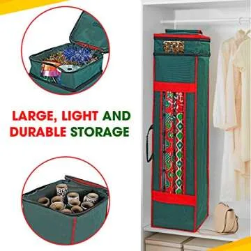 ProPik Christmas Wrapping Paper Storage Organizer Bag with Pocket and Handles Including Hanging Loop Heavy Duty Material with Clear Window 47 x 10 x 10 Inch Fits 40" Long Rolls (Green, 1 Count)