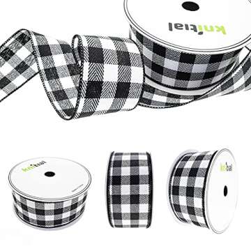 Knitial Buffalo Plaid Wired Ribbon 2-1/2 Inches x 25 Yards Black and White Buffalo Check Ribbon for ...