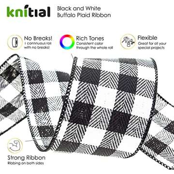 Knitial Buffalo Plaid Wired Ribbon 2-1/2 Inches x 25 Yards Black and White Buffalo Check Ribbon for Gift Wrapping, Crafts, and Decorations