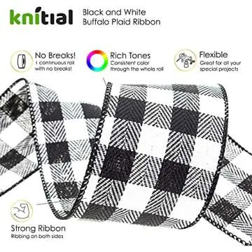 Knitial Buffalo Plaid Wired Ribbon 2-1/2 Inches x 25 Yards Black and White Buffalo Check Ribbon for Gift Wrapping, Crafts, and Decorations