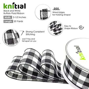 Knitial Buffalo Plaid Wired Ribbon 2-1/2 Inches x 25 Yards Black and White Buffalo Check Ribbon for Gift Wrapping, Crafts, and Decorations