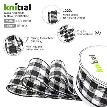 Knitial Buffalo Plaid Wired Ribbon 2-1/2 Inches x 25 Yards Black and White Buffalo Check Ribbon for Gift Wrapping, Crafts, and Decorations