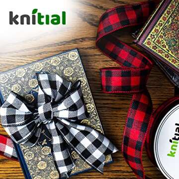 Knitial Buffalo Plaid Wired Ribbon 2-1/2 Inches x 25 Yards Black and White Buffalo Check Ribbon for Gift Wrapping, Crafts, and Decorations