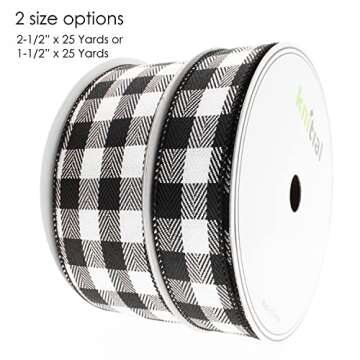 Knitial Buffalo Plaid Wired Ribbon 2-1/2 Inches x 25 Yards Black and White Buffalo Check Ribbon for Gift Wrapping, Crafts, and Decorations