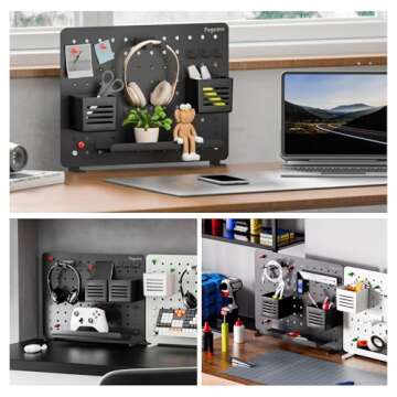 PEGZONE Clamp-on Desk Pegboard, Desk Accessories for Office Gaming Home, Magnetic Metal Peg Board with Accessories, Privacy Panel for Office, Pegboard Organizer