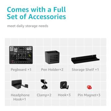 PEGZONE Clamp-on Desk Pegboard, Desk Accessories for Office Gaming Home, Magnetic Metal Peg Board with Accessories, Privacy Panel for Office, Pegboard Organizer