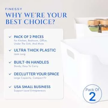 FINESSY White Plastic Storage Bins for Shelves, Small Closet Kitchen Storage Containers for Pantry B...