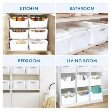 FINESSY White Plastic Storage Bins for Shelves, Small Closet Kitchen Storage Containers for Pantry Bathroom Office Organization Baskets, Cabinet Organizing Containers, White Organizer Bins for Shelves