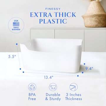 FINESSY White Plastic Storage Bins for Shelves, Small Closet Kitchen Storage Containers for Pantry Bathroom Office Organization Baskets, Cabinet Organizing Containers, White Organizer Bins for Shelves