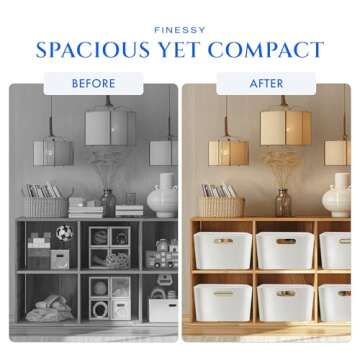 FINESSY White Plastic Storage Bins for Shelves, Small Closet Kitchen Storage Containers for Pantry Bathroom Office Organization Baskets, Cabinet Organizing Containers, White Organizer Bins for Shelves