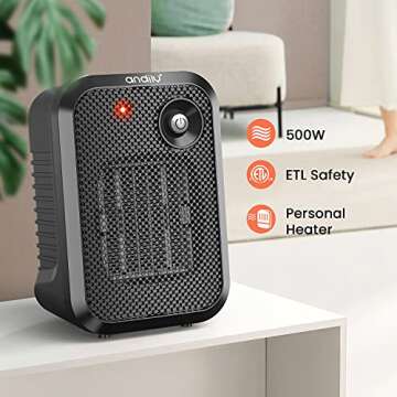 andily 500W Space Electric Small Heater for Home&Office Indoor Use on Desk, Portable|Manual Thermostat|Noiseless|Tip-Over Protection with Safety Power Switch PTC BLACK